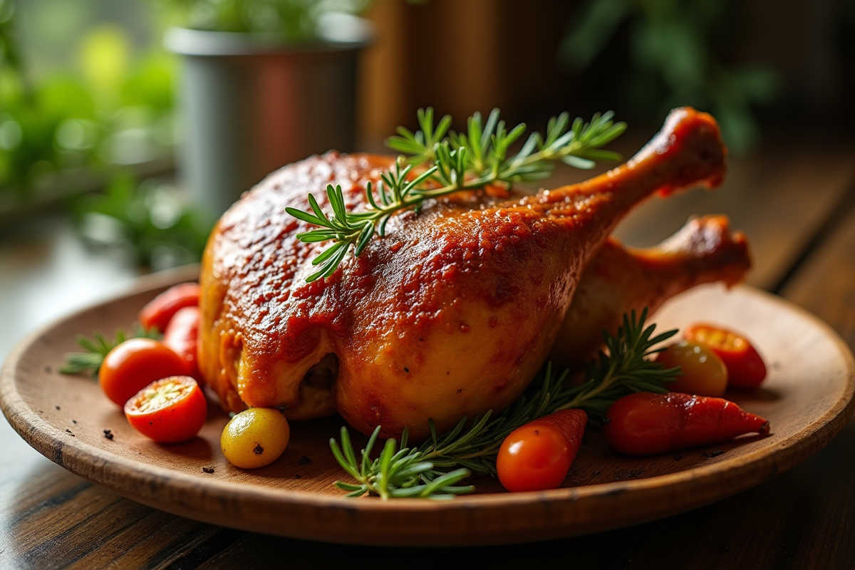 Cuisse de canard croustillante et juteuse sur assiette en bois