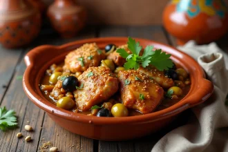 Cuisse de poulet façon tajine aux olives et citron confit dans un plat en céramique rustique, vue de dessus