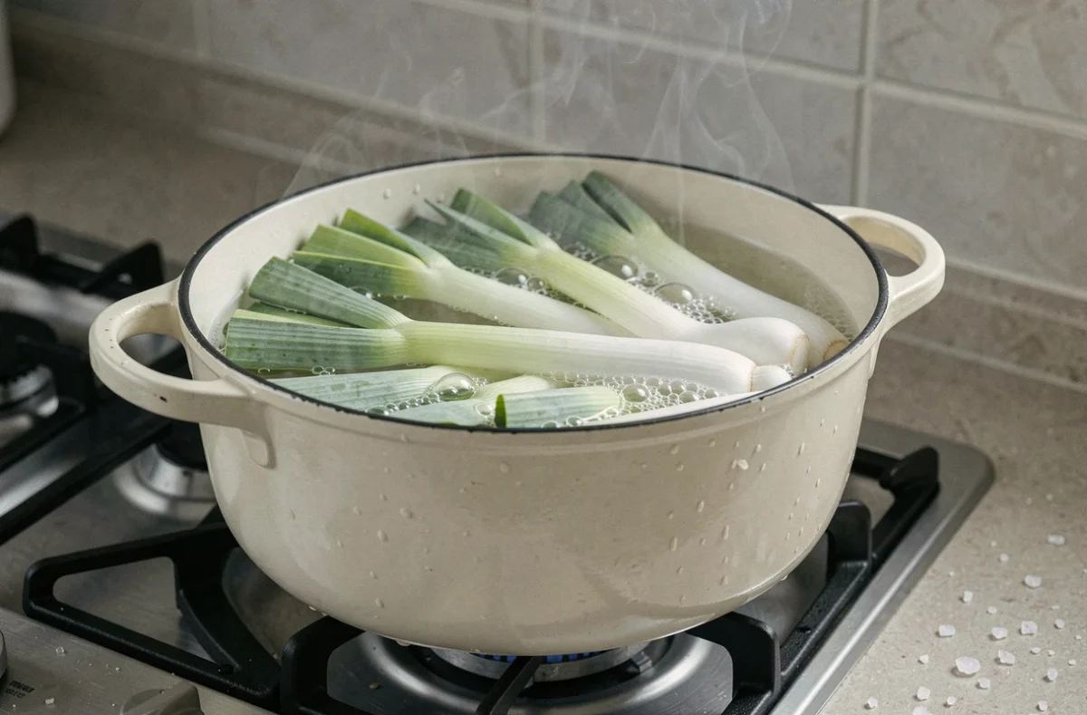 Poireaux entiers en train de cuire dans une grande casserole d'eau frémissante sur une cuisinière