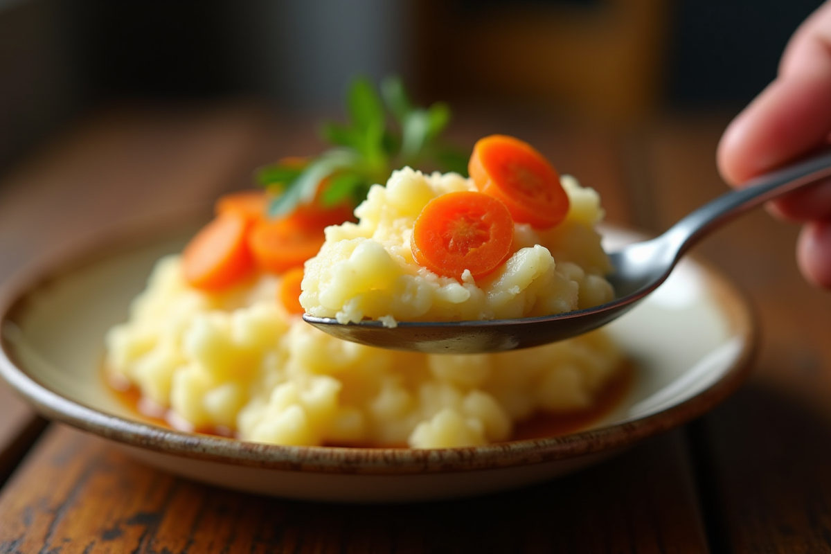 Cuillère en argent avec purée de pommes de terre et carottes
