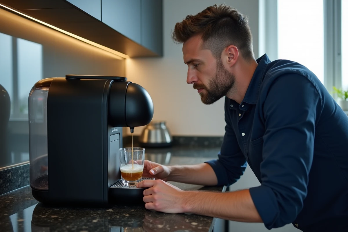 Homme surveillant le cycle de détartrage d'une machine Tassimo Bosch avec un verre collectant l'eau calcaire évacuée