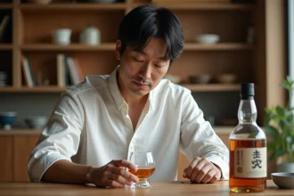 Homme appréciant une dégustation de whisky japonais dans un appartement moderne minimaliste