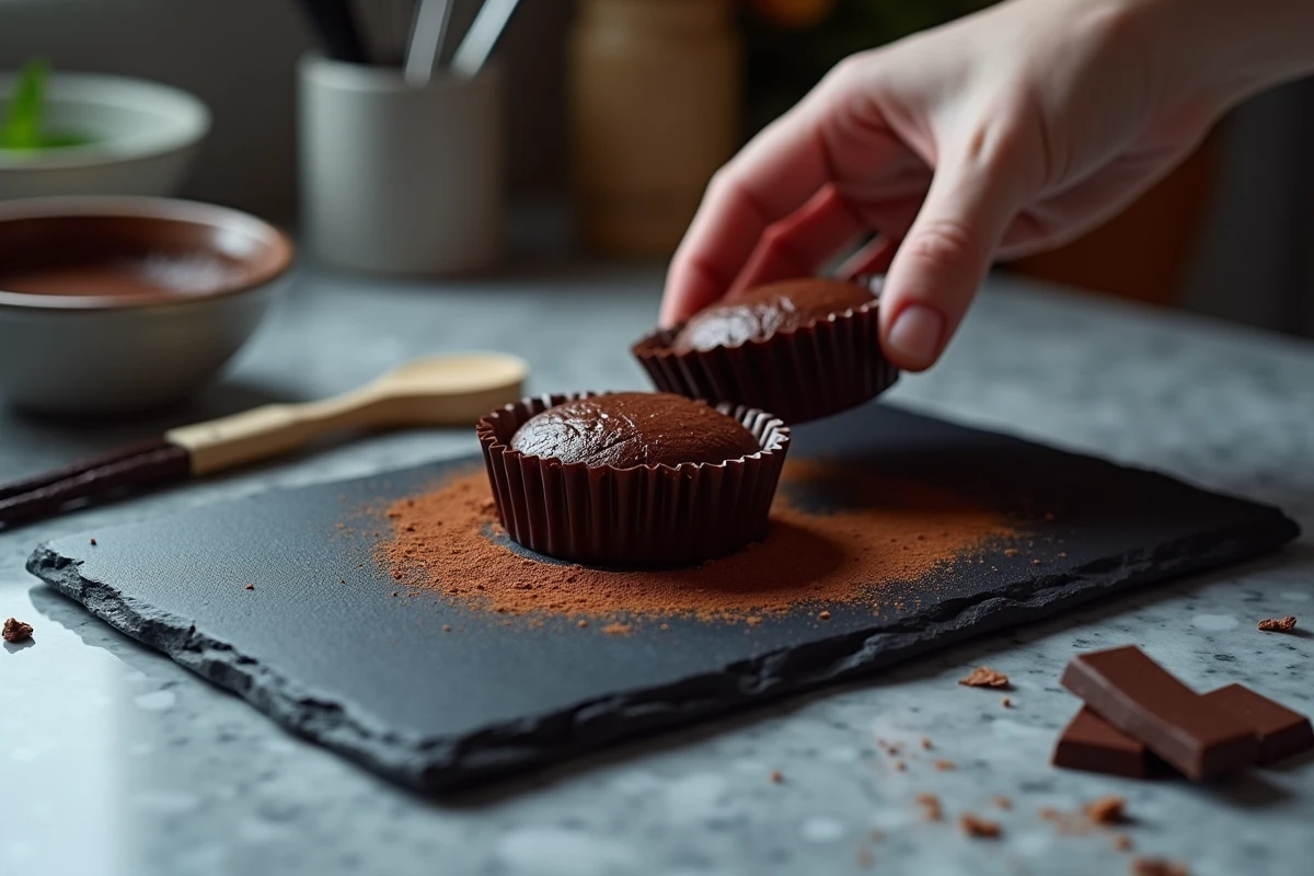 Démoulage d'un fondant au chocolat fait maison sur ardoise, préparation recette Cyril Lignac