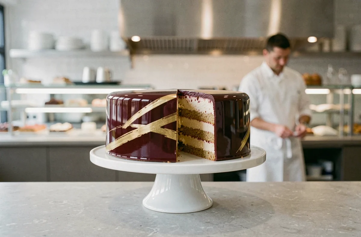 Entremet à glaçage miroir bordeaux et or de la pâtisserie Des Gâteaux et du Pain sur présentoir blanc à Paris