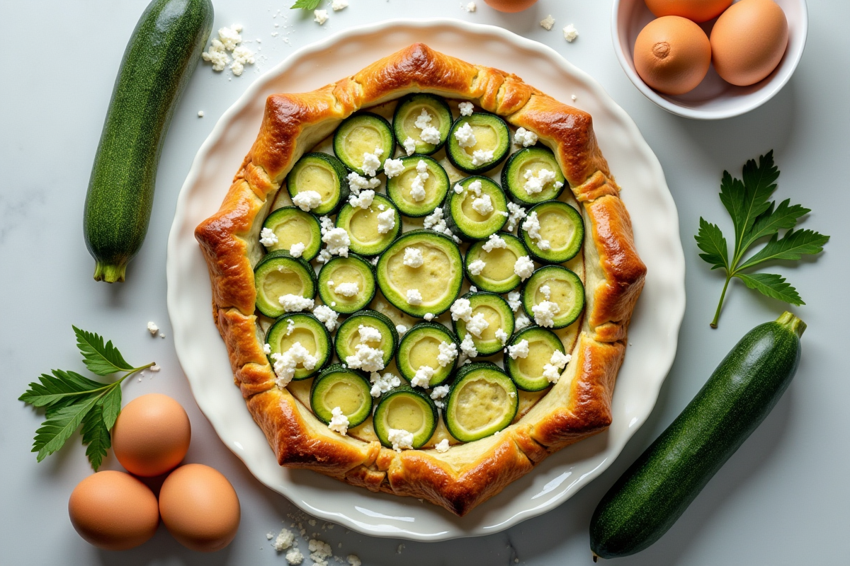 Zoom sur la tarte courgettes et chèvre avec ingrédients frais