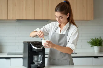 Femme versant du vinaigre blanc dans le réservoir d'eau d'une machine Tassimo Bosch pour la détartrer sans pastille