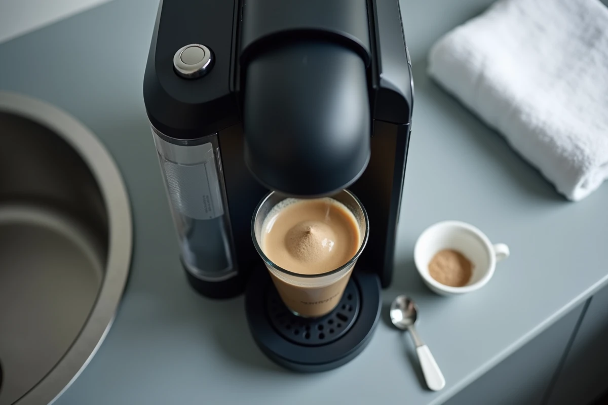 Vue de dessus d'une machine Tassimo Bosch ouverte avec de l'acide citrique en poudre pour le détartrage sans odeur persistante