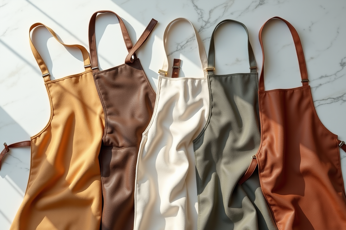 Différents tabliers en coton cuir et synthétique sur surface en marbre