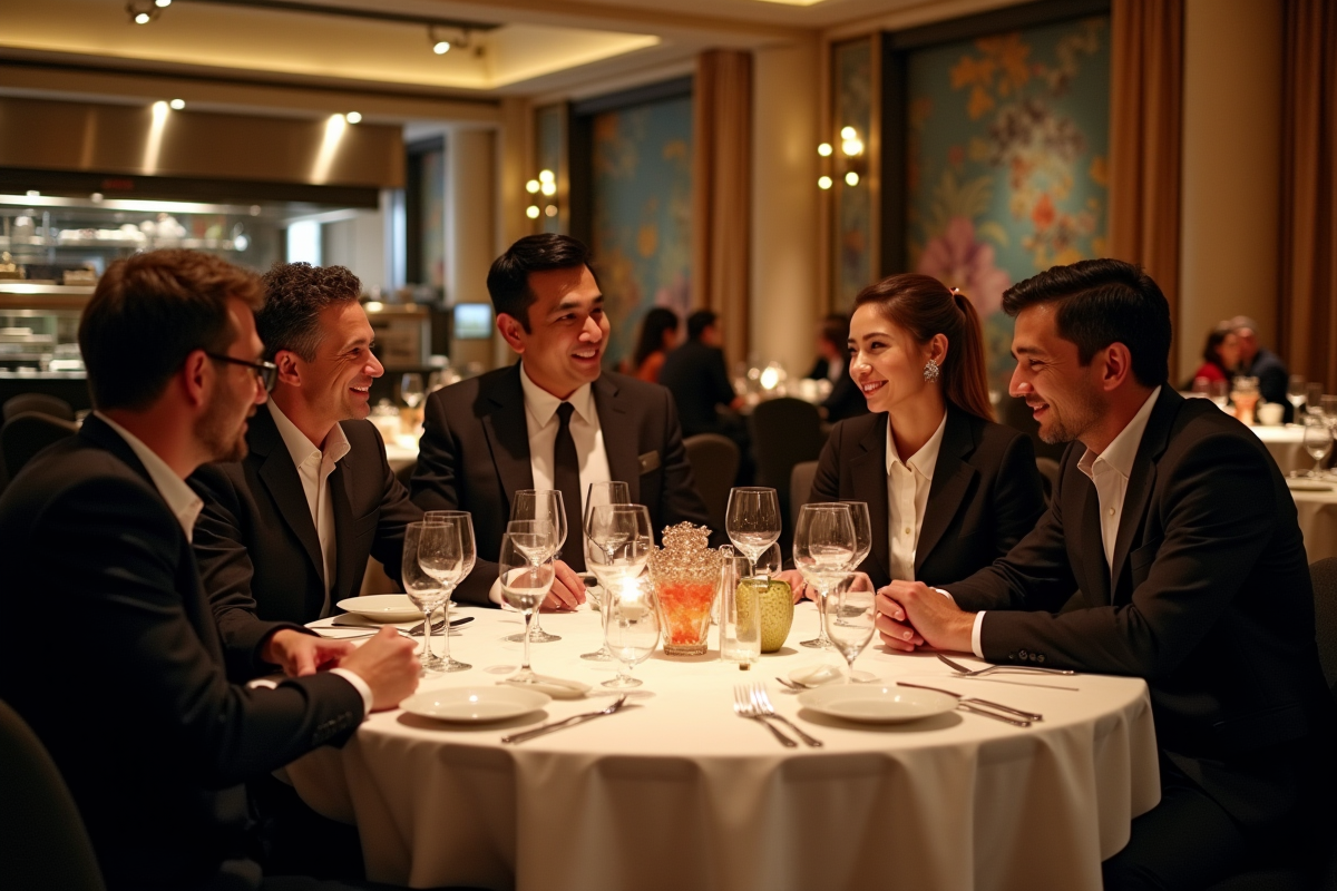 Groupe de convives en discussion dans un restaurant chic