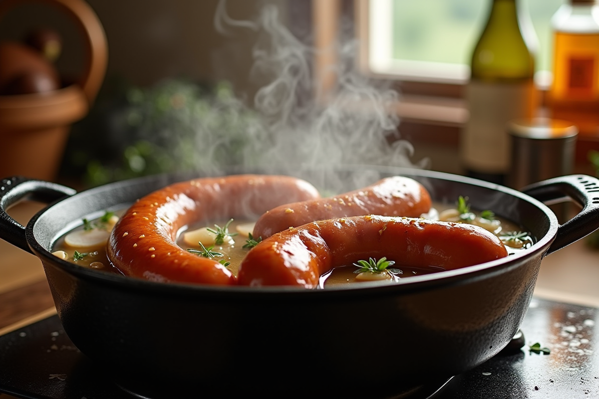 Diots de Savoie mijotant dans une cocotte avec vin blanc