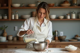 Femme versant 40cl de liquide dans un bol à pâtisserie avec une cruche graduée en verre sur un plan de travail en bois