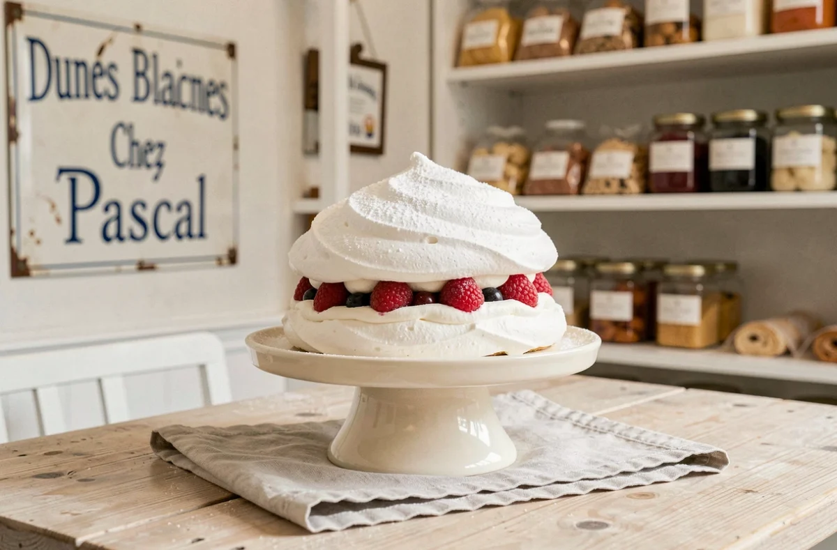 Dôme meringue Dunes Blanches garni de chantilly et fruits rouges chez Pascal en Île-de-France