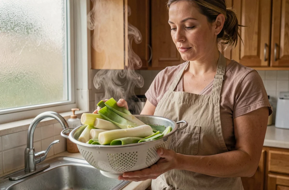 Femme égouttant des poireaux cuits dans une passoire au-dessus de l'évier de cuisine