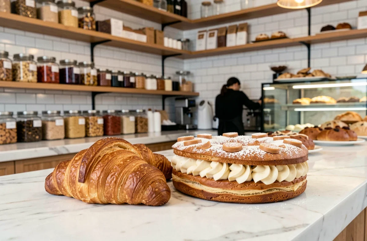 Croissant feuilleté et Paris-Brest à la crème pralinée de la pâtisserie Elio & Franck sur comptoir en marbre blanc