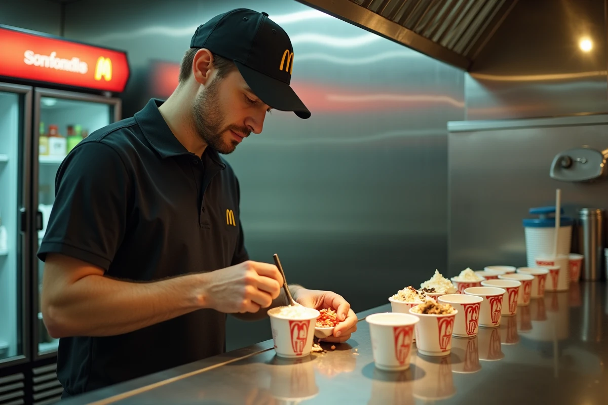 Employé McDonald's préparant des McFlurry personnalisés en cuisine avec différents toppings payants