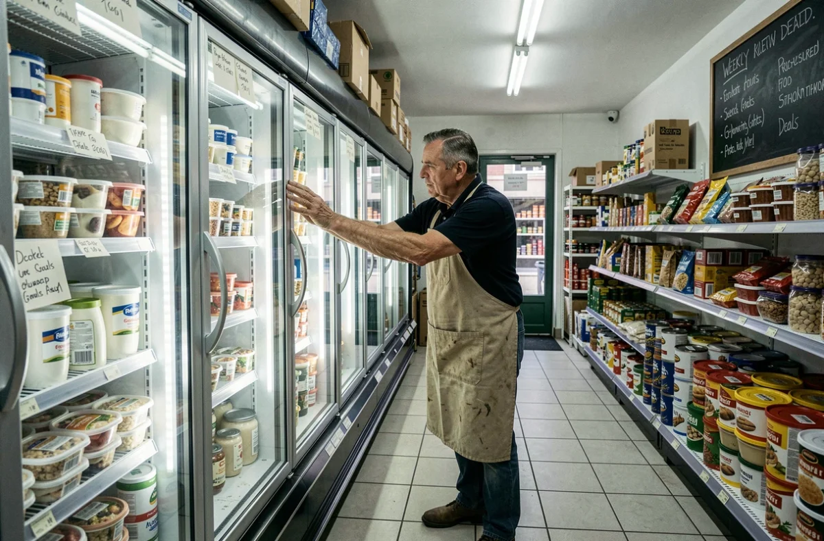 Employé réapprovisionnant le rayon frais d'une épicerie anti-gaspillage alimentaire en ville
