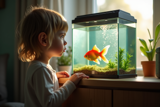 Enfant triste regardant un poisson dans un petit aquarium
