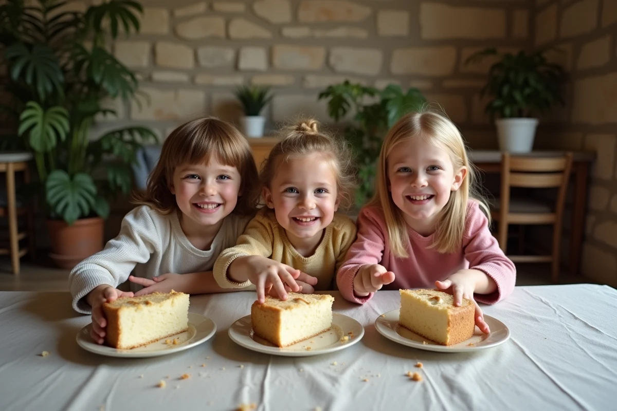Trois enfants partagent un gâteau au yaourt et poire à la table familiale
