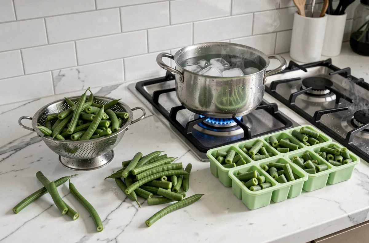 Étapes de préparation pour congeler des haricots verts frais en petites portions dans des bacs à glaçons pour optimiser le congélateur