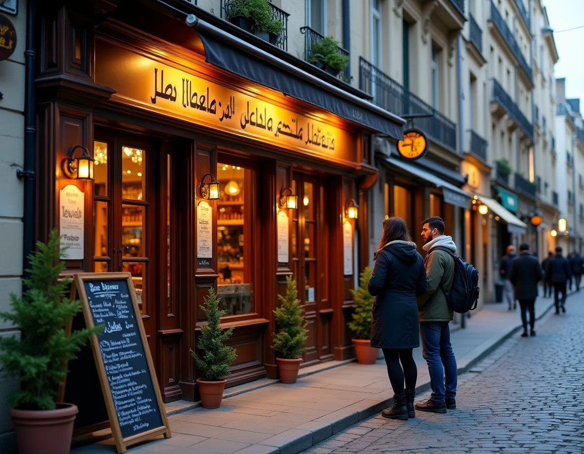 Façade de restaurant libanais dans une ruelle pavée du 5e arrondissement de Paris proche de la rue Mouffetard