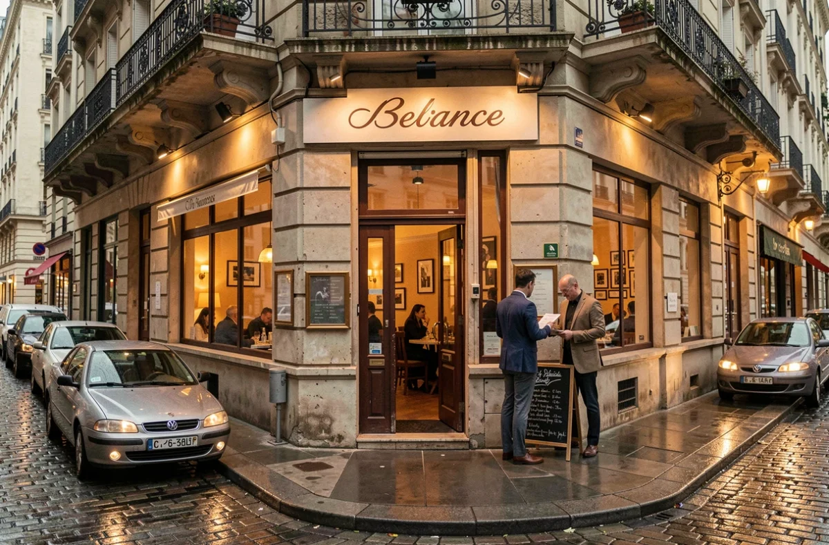 Façade extérieure d'un restaurant romantique à Argenteuil en soirée, couple découvrant le menu à l'entrée dans une rue pavée aux reflets humides