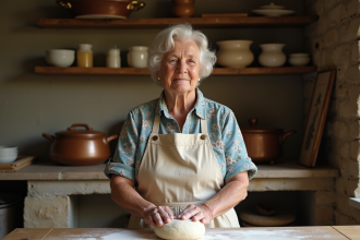Femme âgée en cuisine rustique faisant du pain