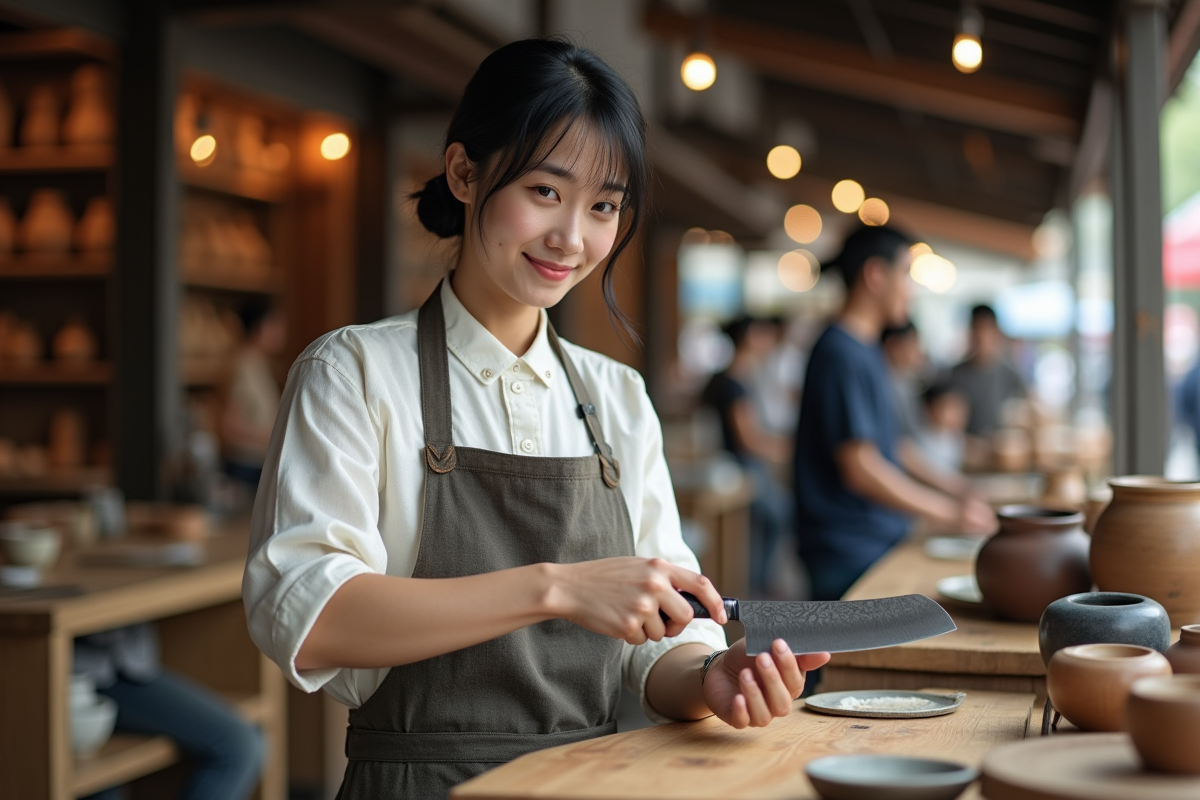 Jeune femme artisan inspectant un couteau en acier damas au marché