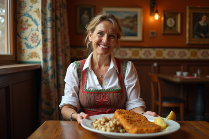 Femme autrichienne en dirndl présentant un schnitzel
