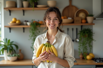 Femme souriante tenant des bananes bio dans une cuisine chaleureuse