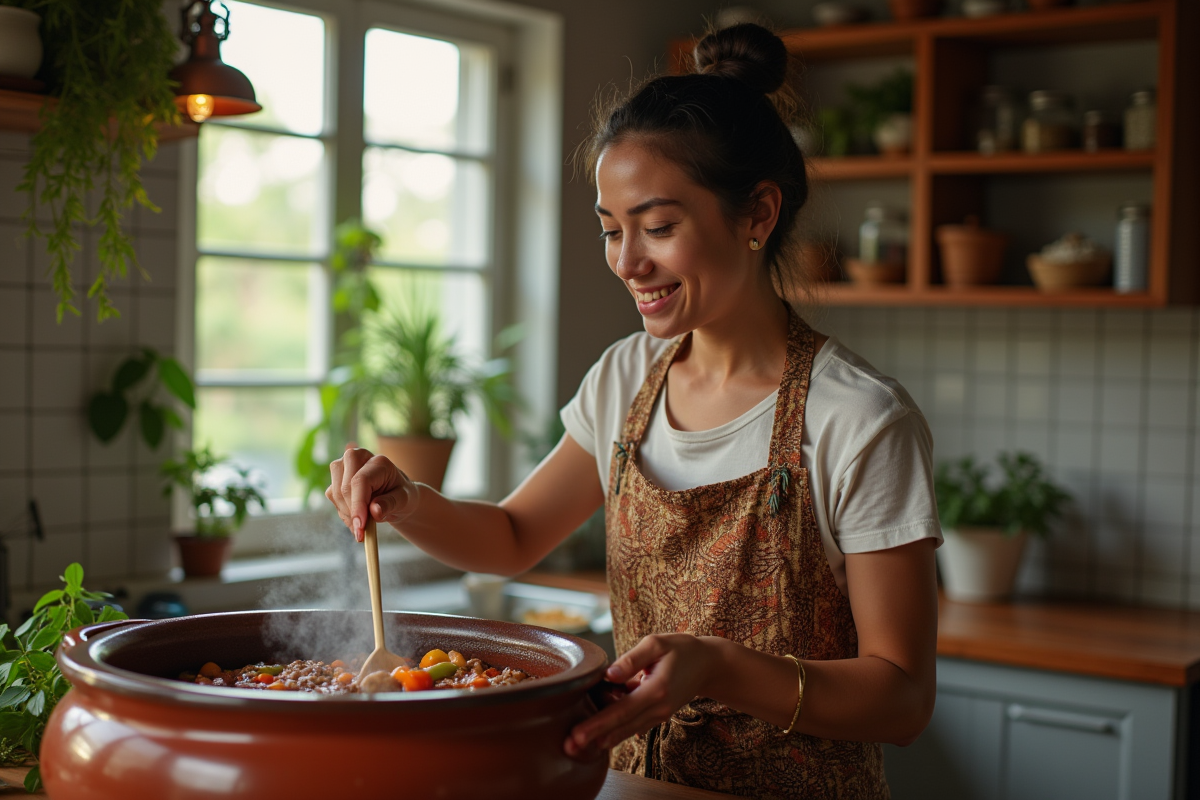 Femme brésilienne servant la feijoada dans une cuisine chaleureuse