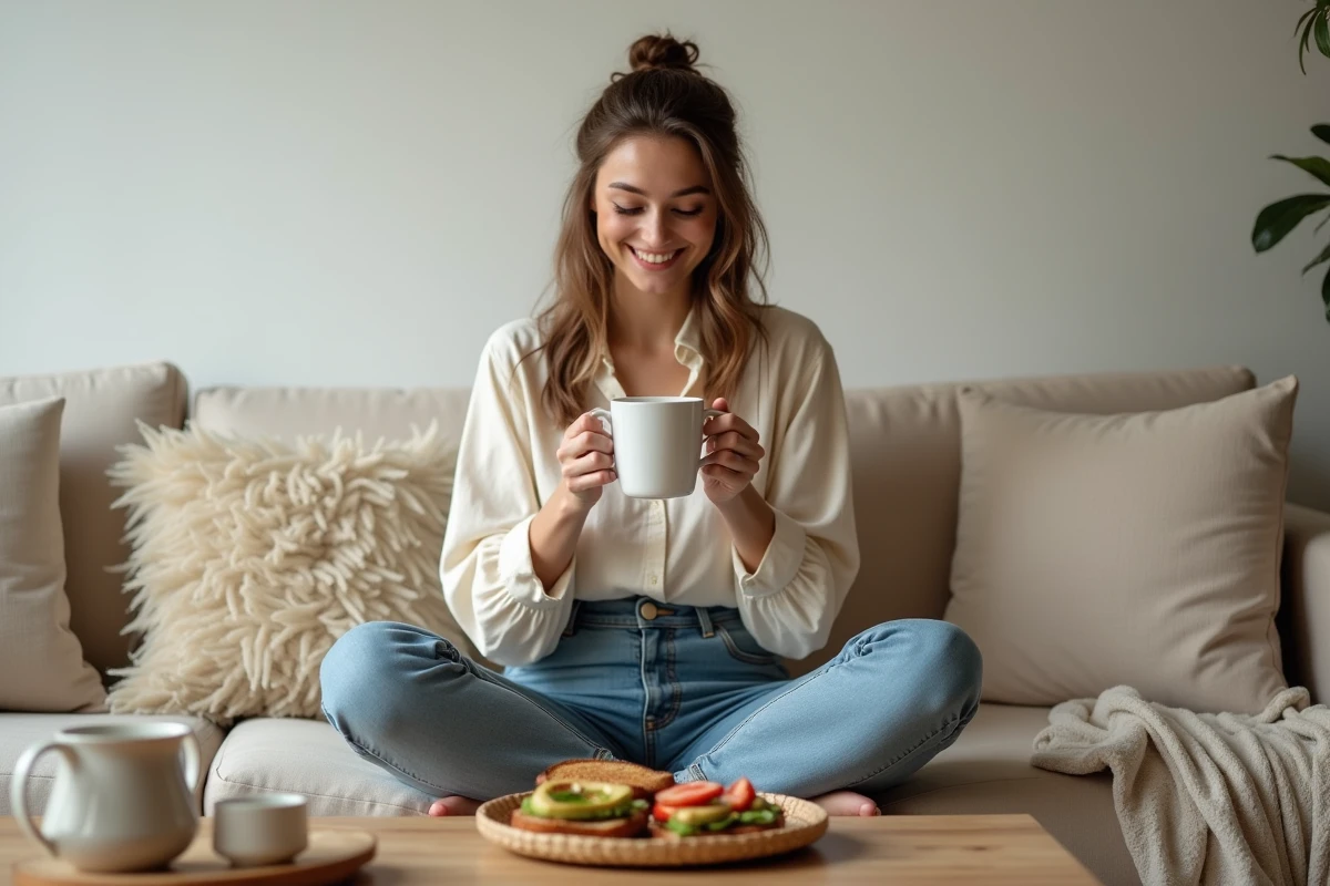 Jeune femme savourant un brunch maison économique sur un canapé avec toast à l'avocat et fruits frais dans un cadre minimaliste