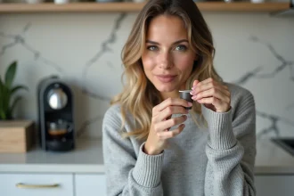 Femme examinant une capsule compatible Vertuo dans une cuisine moderne avec machine à café en arrière-plan