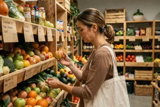 Femme faisant ses courses dans un magasin anti-gaspi rempli de fruits et légumes imparfaits à prix réduit