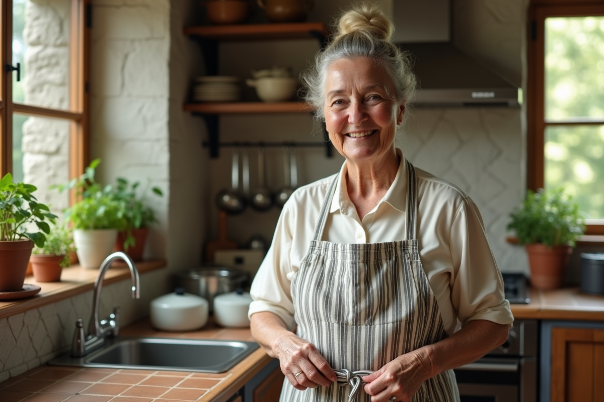 Femme âgée dans la cuisine portant un tablier à rayures