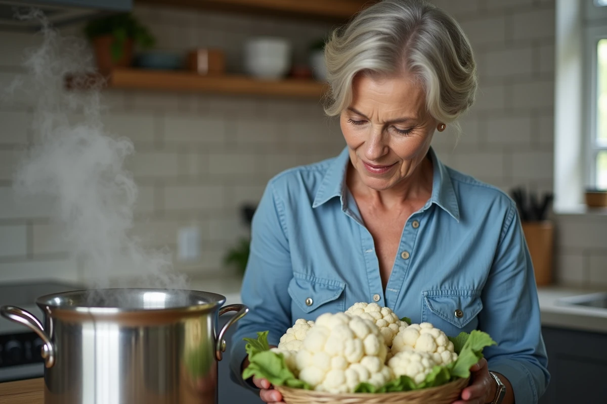 Femme en cuisine levant un panier de chou-fleur chaud