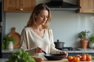 Femme examinant une poele en céramique dans sa cuisine moderne