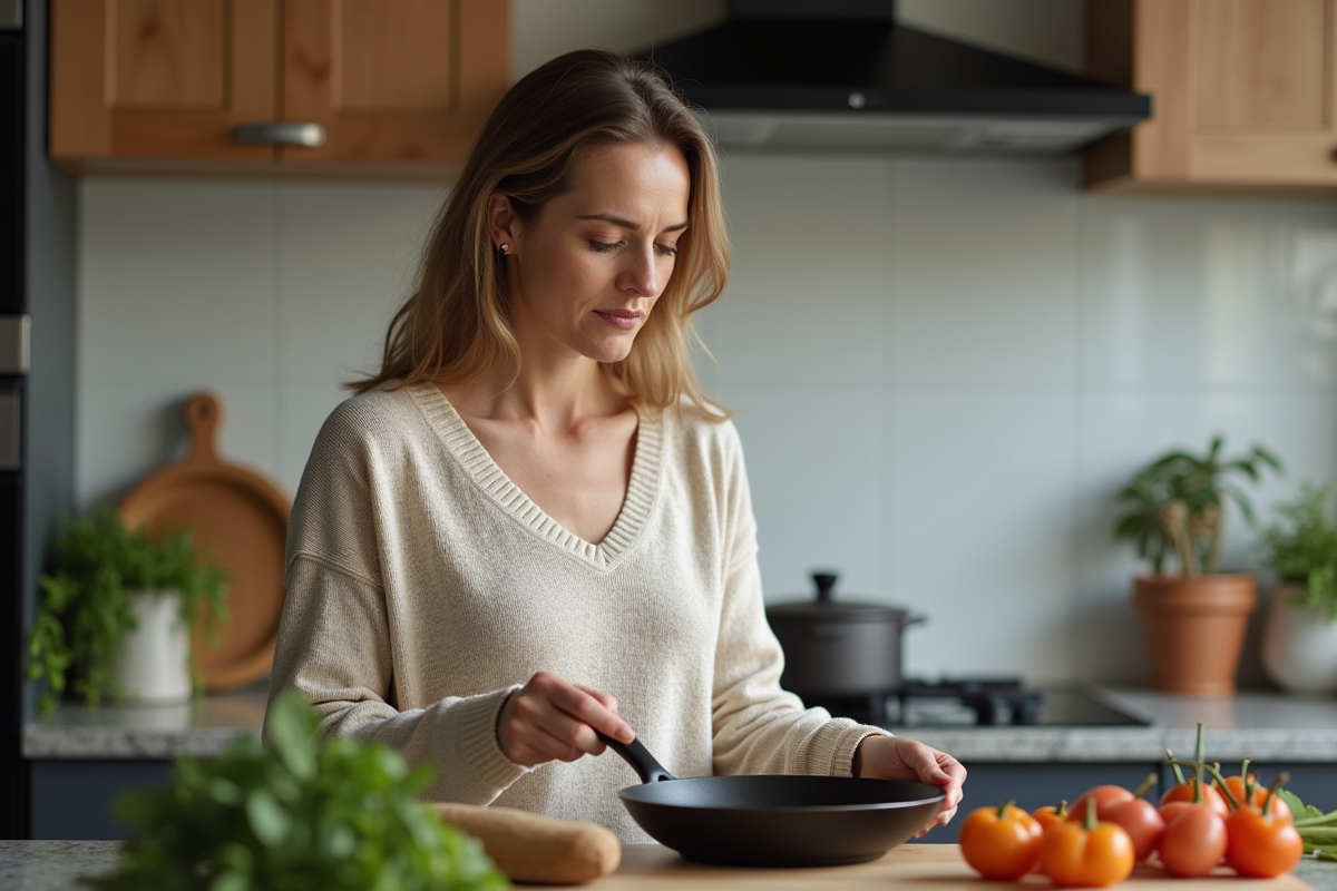 Femme examinant une poele en céramique dans sa cuisine moderne