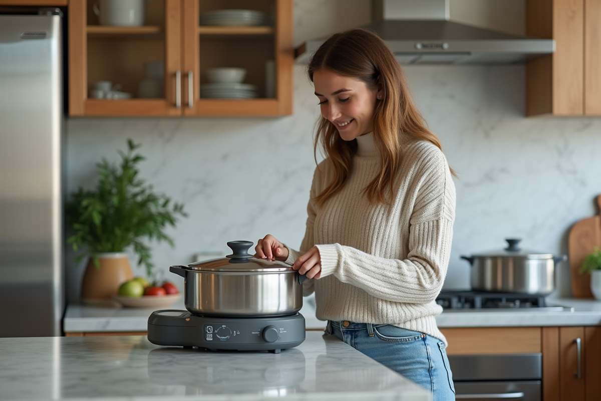 Jeune femme examine un cuiseur vapeur moderne dans la cuisine