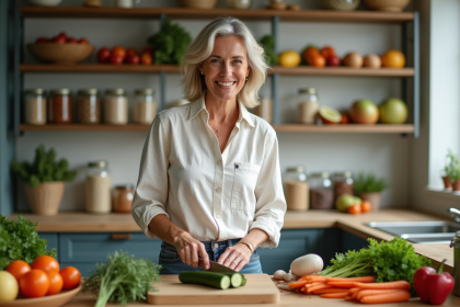 Femme souriante préparant des légumes frais dans la cuisine