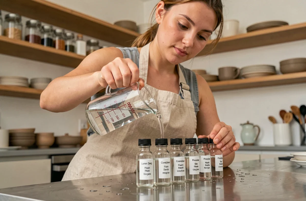 Femme versant 100 ml d'eau depuis un verre doseur dans des fioles en verre étiquetées sur une table de cuisine en acier inoxydable illustrant les conversions de volume