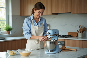Femme souriante en cuisine ajoutant ingrédients au mixeur