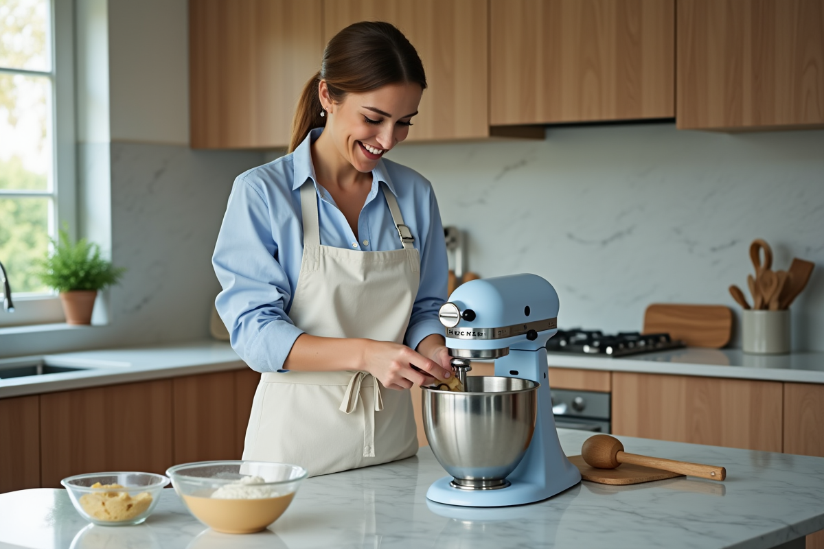 Femme souriante en cuisine ajoutant ingrédients au mixeur