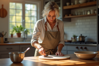 Femme en cuisine scrappant une pierre à pizza chaleureuse