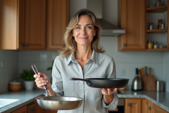 Femme en cuisine moderne tenant poêle en acier et fonte