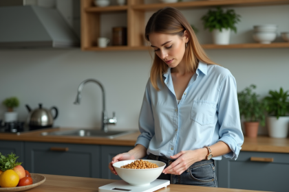 Femme en cuisine avec protéines vegan sur balance