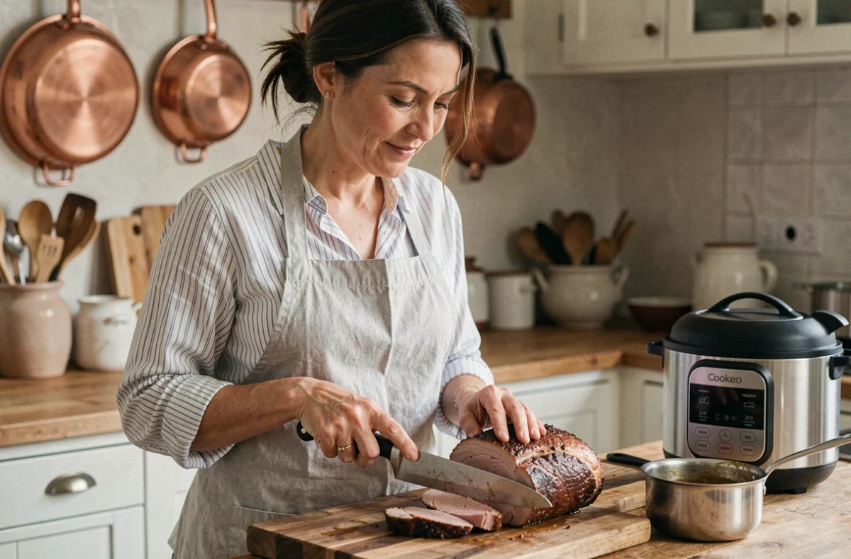 Femme découpant un rôti de porc juteux sur planche en bois avec Cookeo en arrière-plan dans une cuisine campagnarde