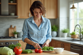 Femme souriante préparant des aliments faibles en calories dans la cuisine