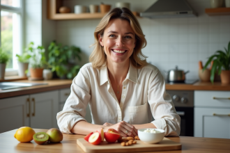 Femme souriante préparant une collation saine dans la cuisine