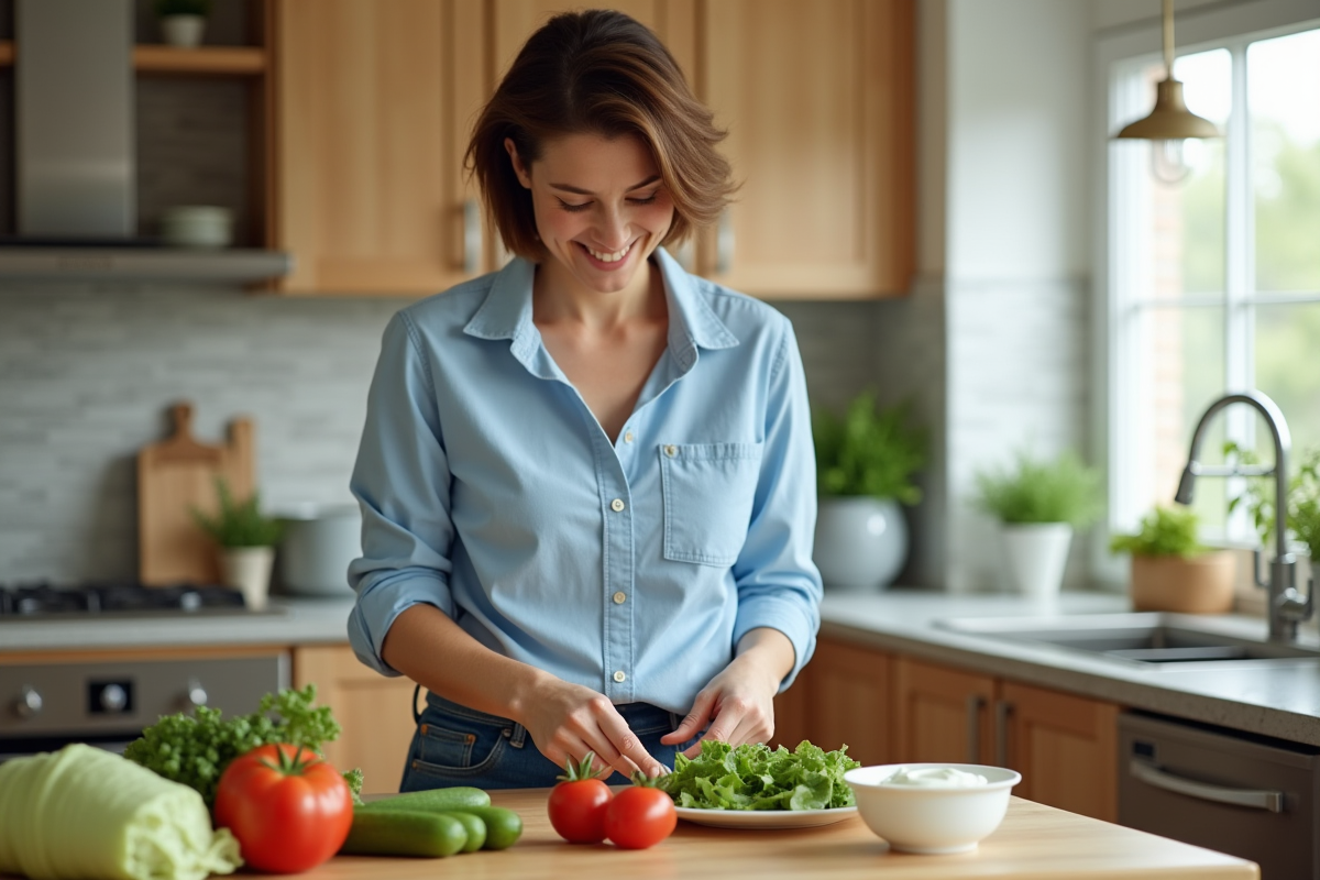 Femme souriante préparant des aliments faibles en calories dans la cuisine