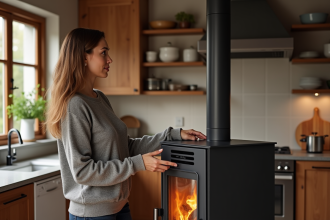 Femme inspectant un poêle en cuisine moderne